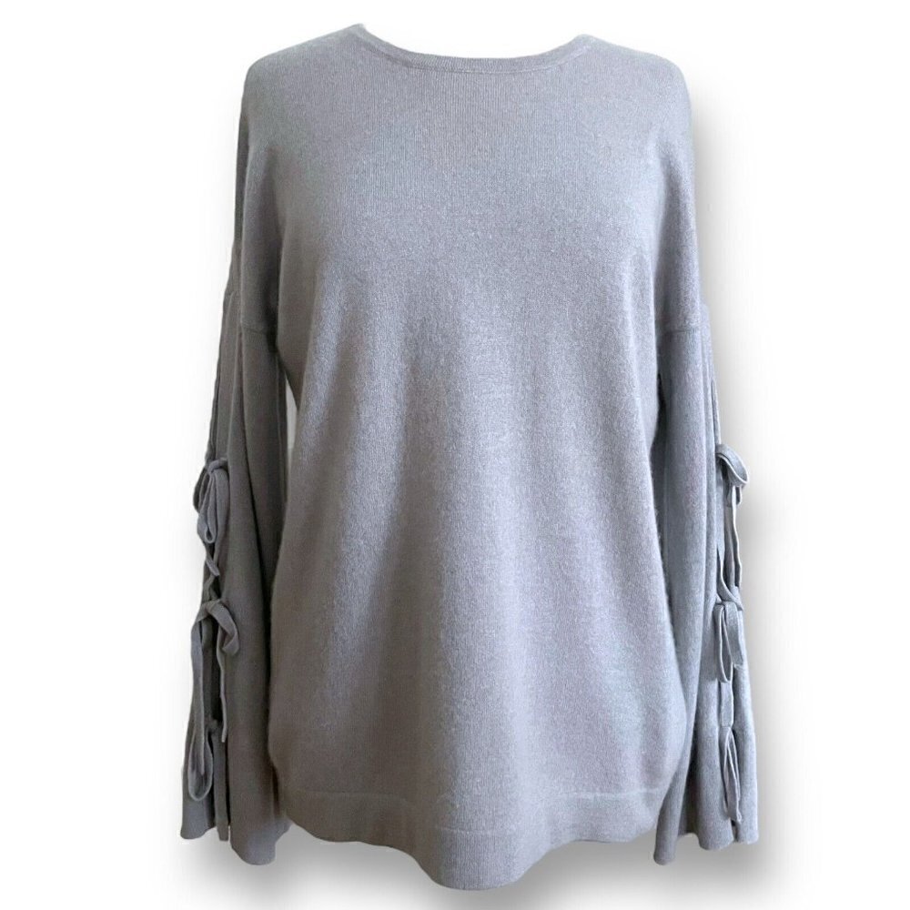 Kokun Womens Cashmere Sweater Sz L Gray Tie Sleeve Luxury Coastal Minimalist